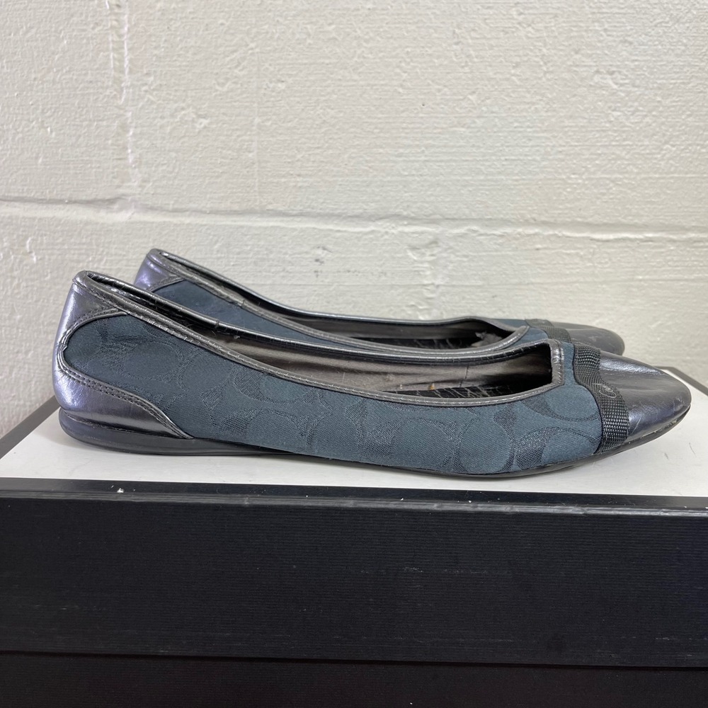 COACH Ballet Flats Monogram Metallic Leather Navy Slip On Women's Size